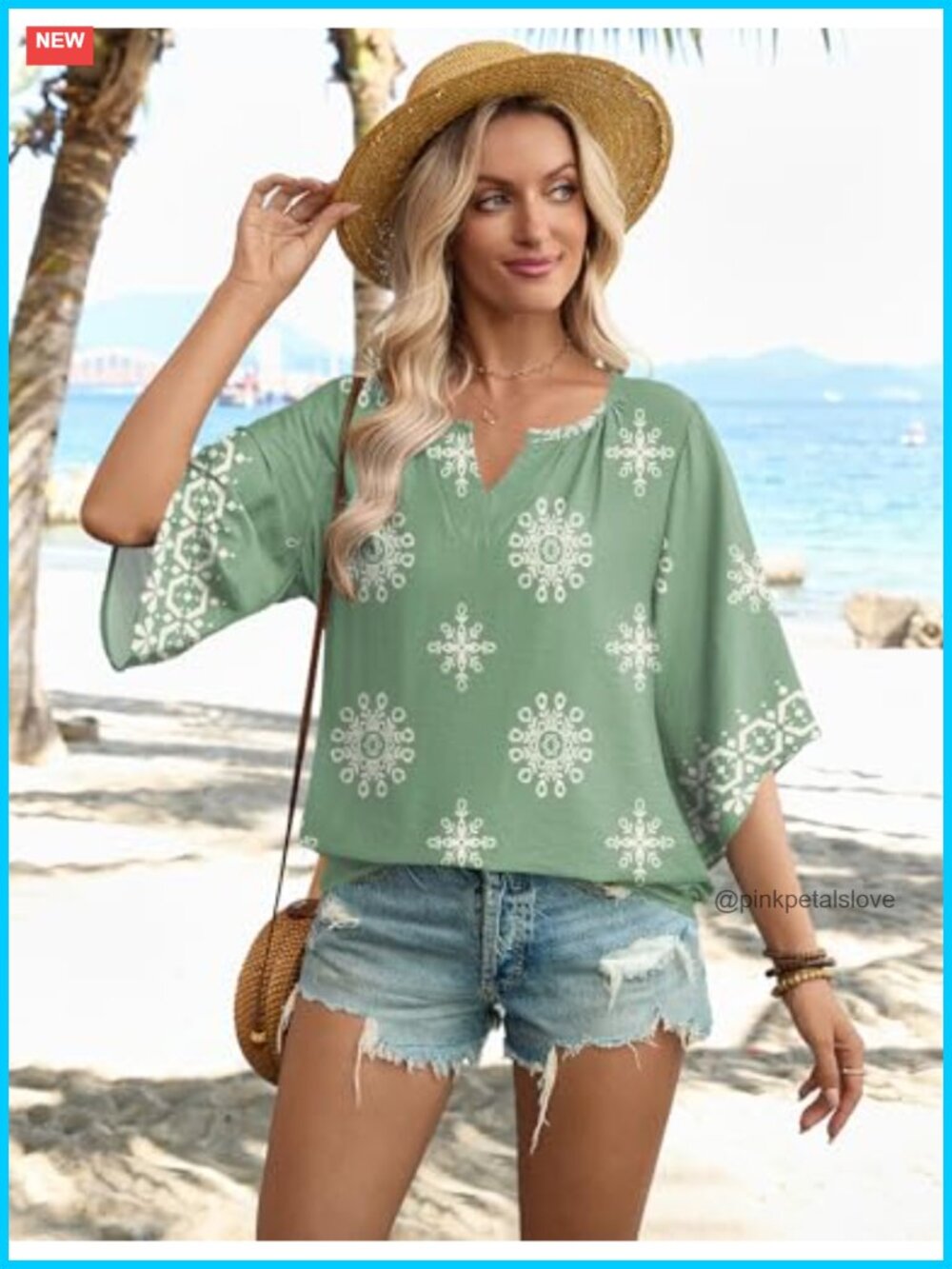 3/4 Sleeve Boho V Neck Tunic Blouse Loose Fit Peasant Top - Picture 2 of 6